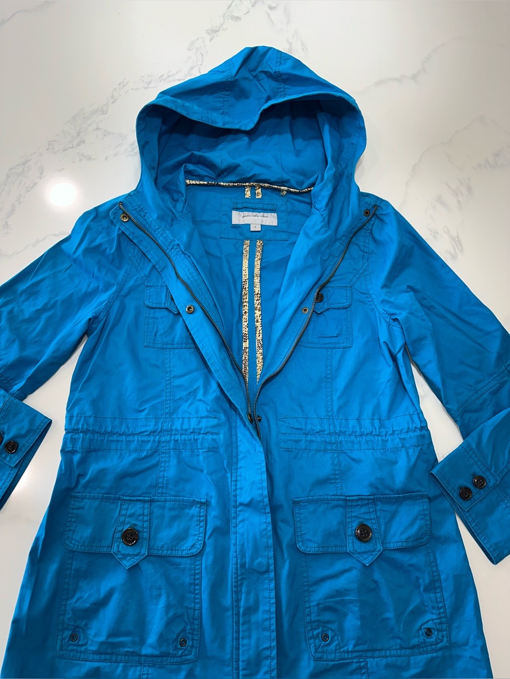 ANDREW MARC SZ L~BECCA ANORAK UTILITY JACKET NEW YORK TURQUOISE BLUE COTTON COAT